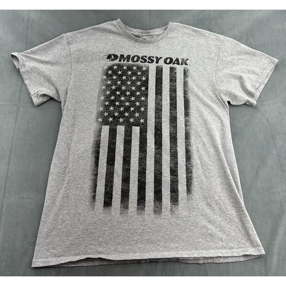 Mossy Oak Shirt Mens Large Gray American Flag Graphic Tee Patriotic Outdoors USA